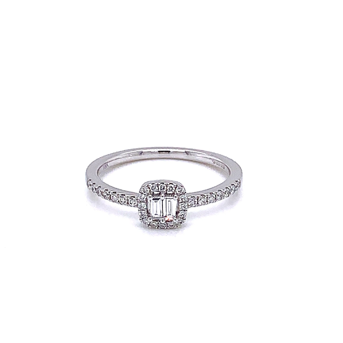 Baguette and Round Brilliant Cut Diamond Halo Ring gardiner-brothers