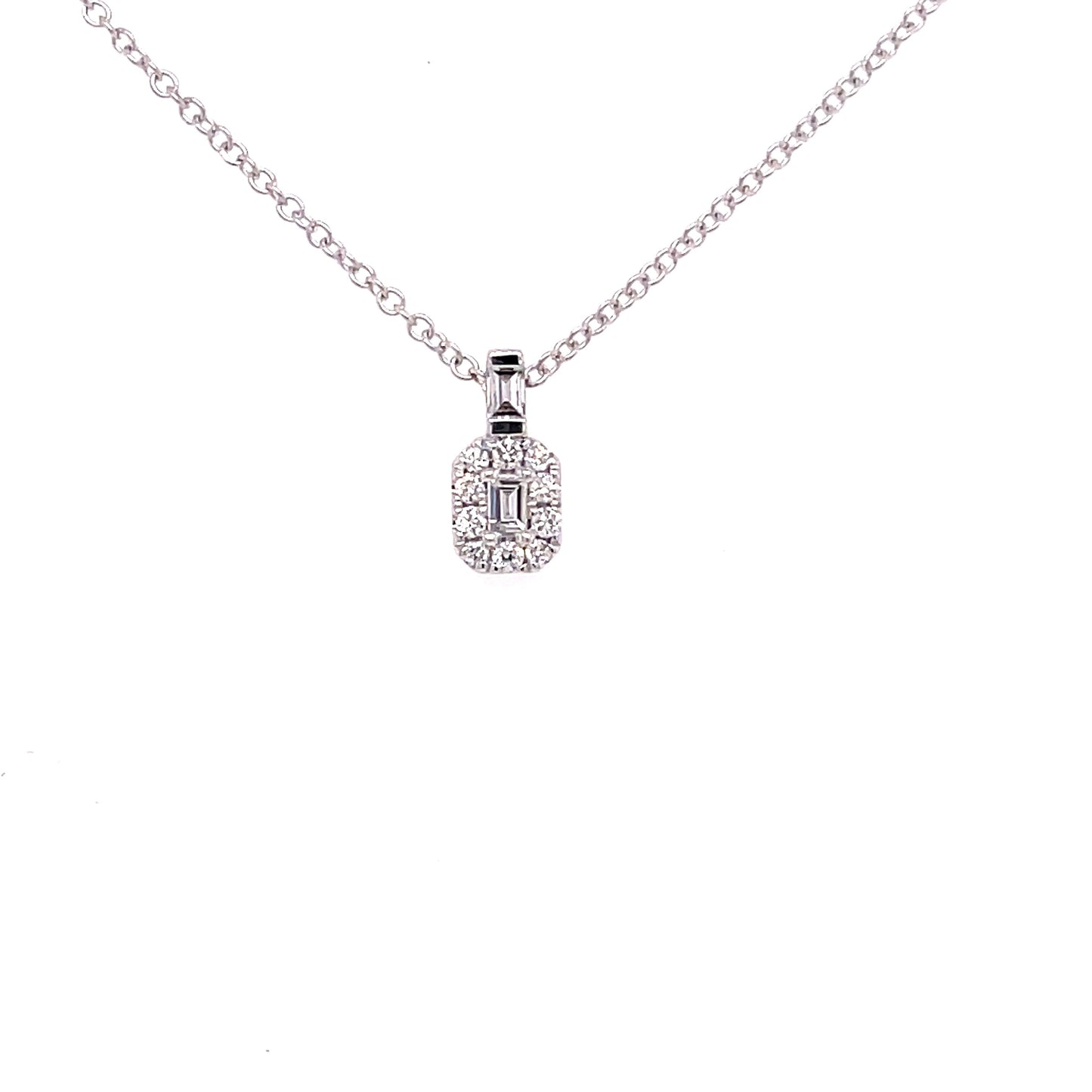 White Gold Baguette Cut Diamond Halo Style Pendant Gardiner Brothers