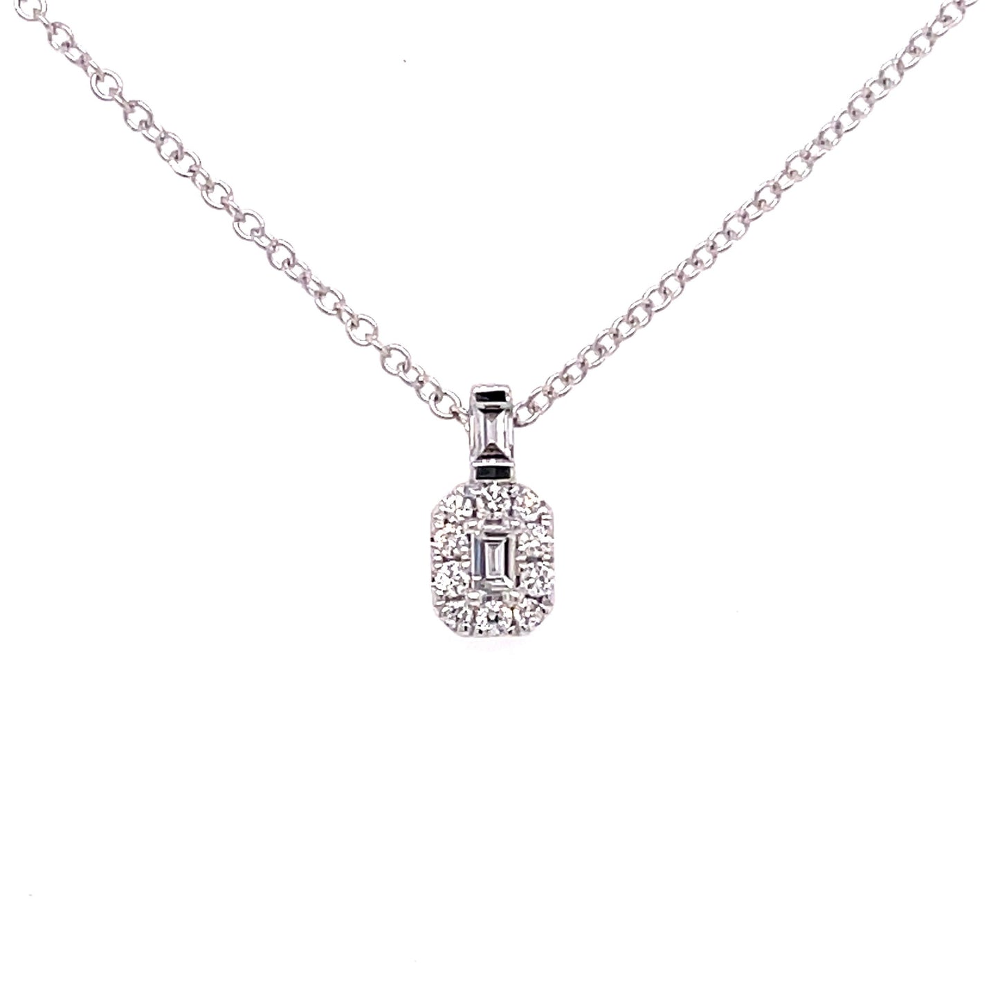 White Gold Baguette Cut Diamond Halo Style Pendant Gardiner Brothers