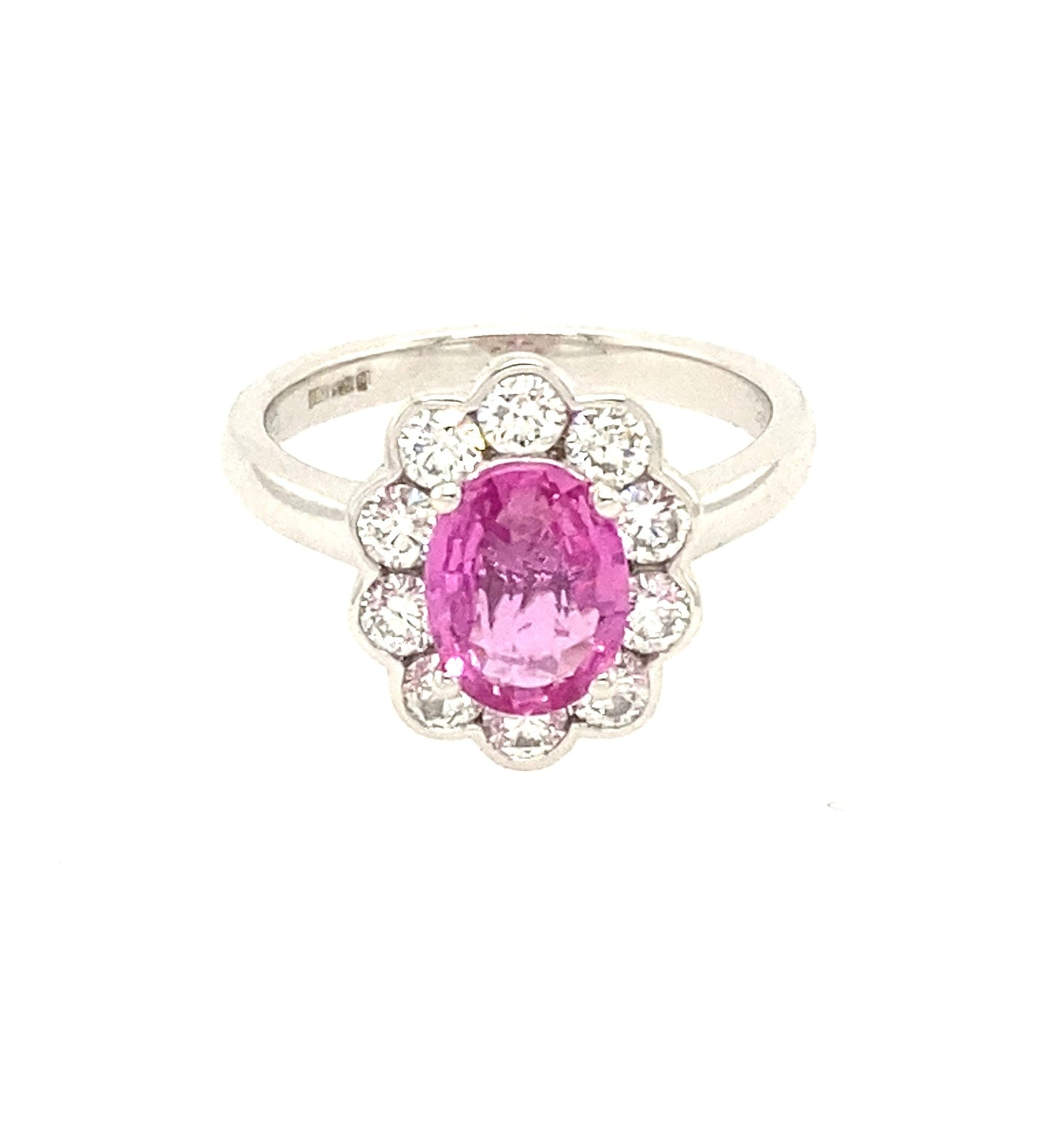 Platinum, Oval Pink Sapphire and Round Brilliant Cut Diamond, Modern Cluster Ring Gardiner Brothers
