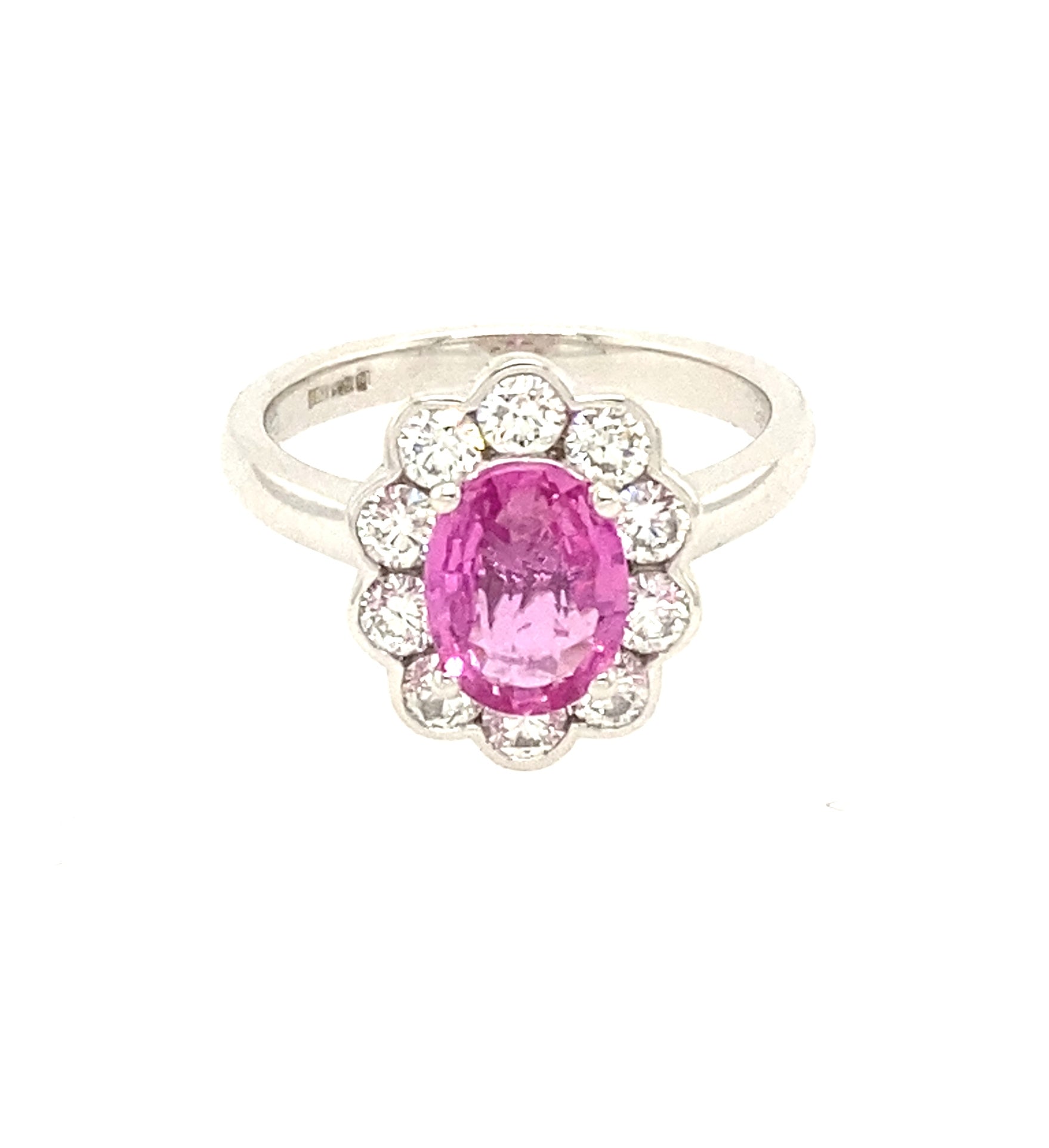 Platinum, Oval Pink Sapphire and Round Brilliant Cut Diamond, Modern Cluster Ring  Gardiner Brothers
