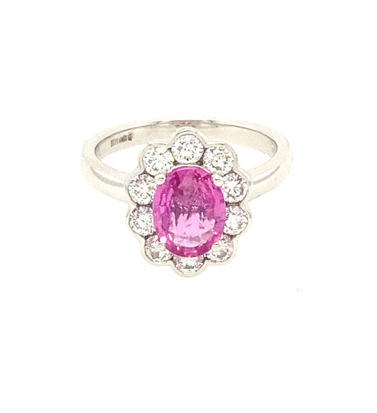 Platinum, Oval Pink Sapphire and Round Brilliant Cut Diamond, Modern Cluster Ring  Gardiner Brothers