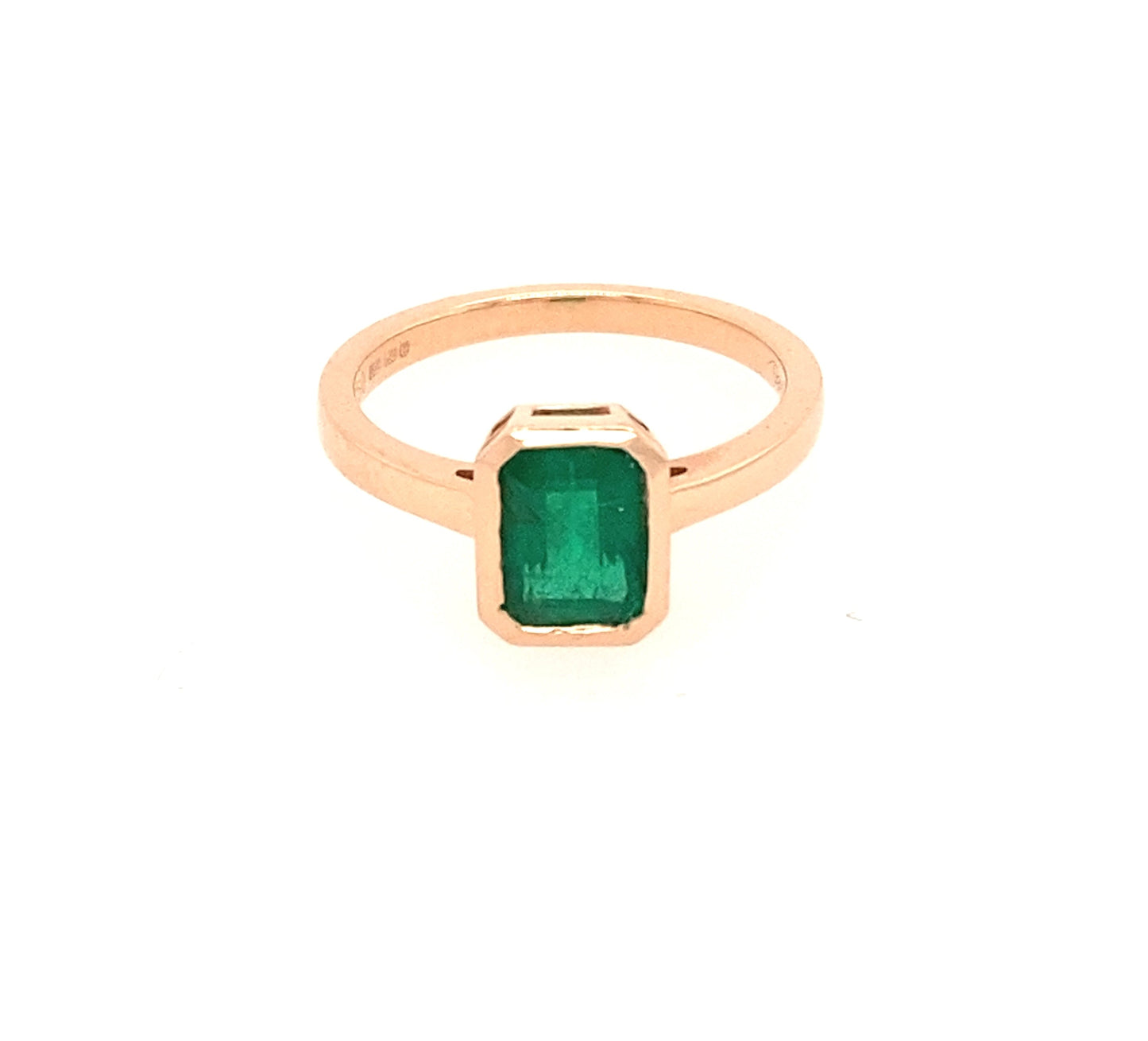 Rose Gold, Emerald Dress Ring in a Rub Over Setting Gardiner Brothers