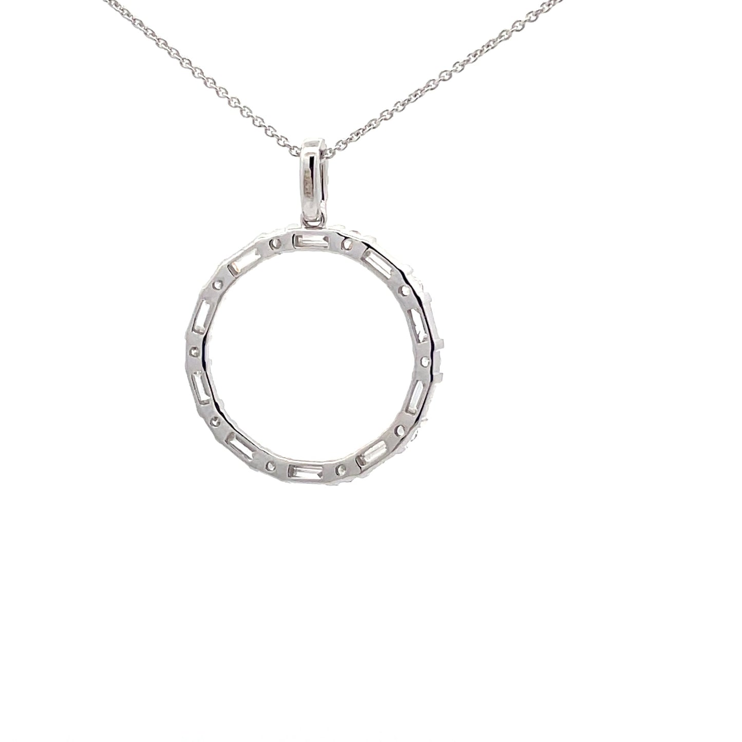 White Gold Round Brilliant and Baguette Cut Diamond Circle Pendant Gardiner Brothers