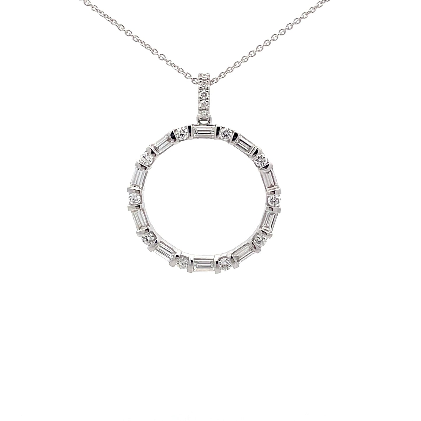 White Gold Round Brilliant and Baguette Cut Diamond Circle Pendant Gardiner Brothers