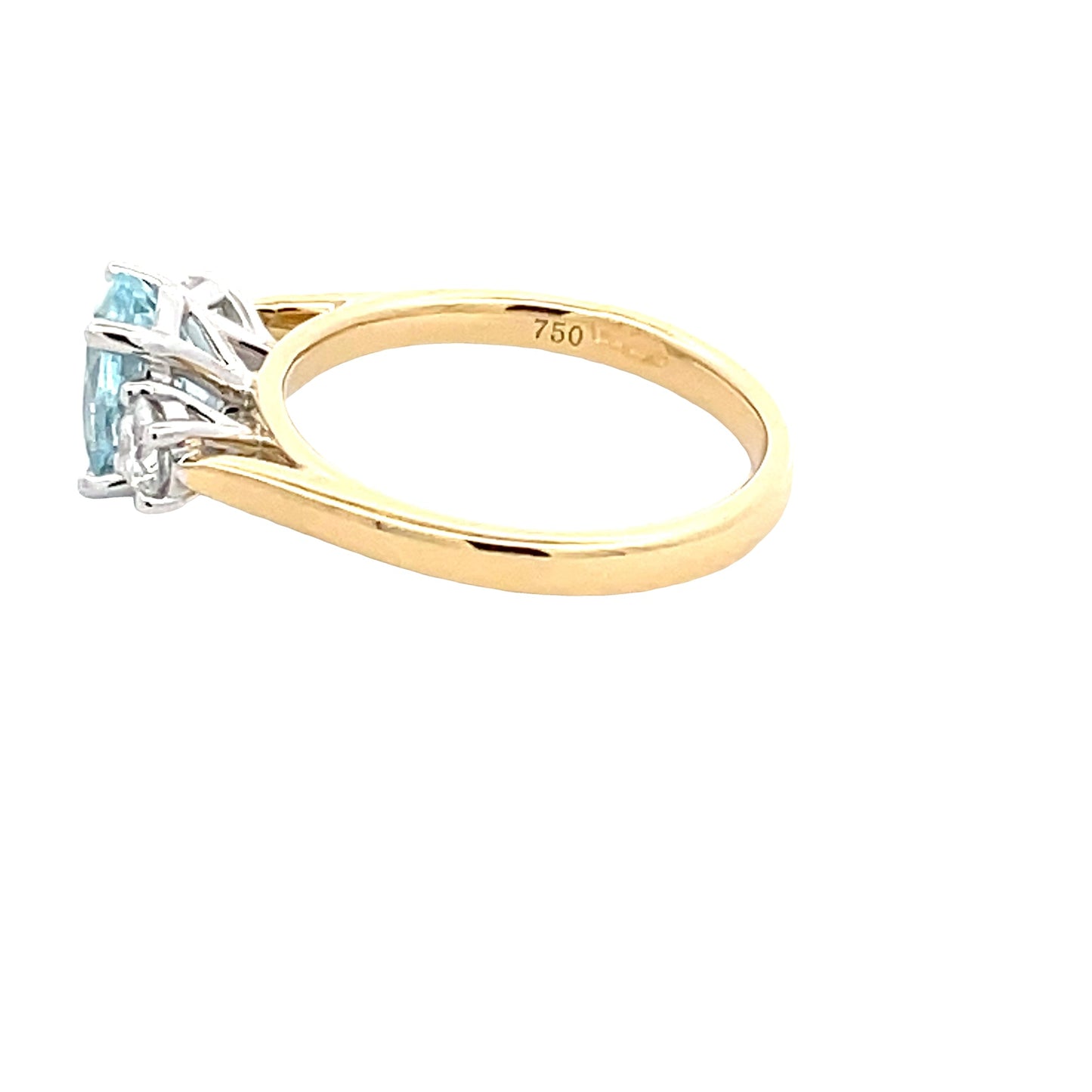 Oval Aquamarine and round brilliant cut diamond 3 stone ring Gardiner Brothers