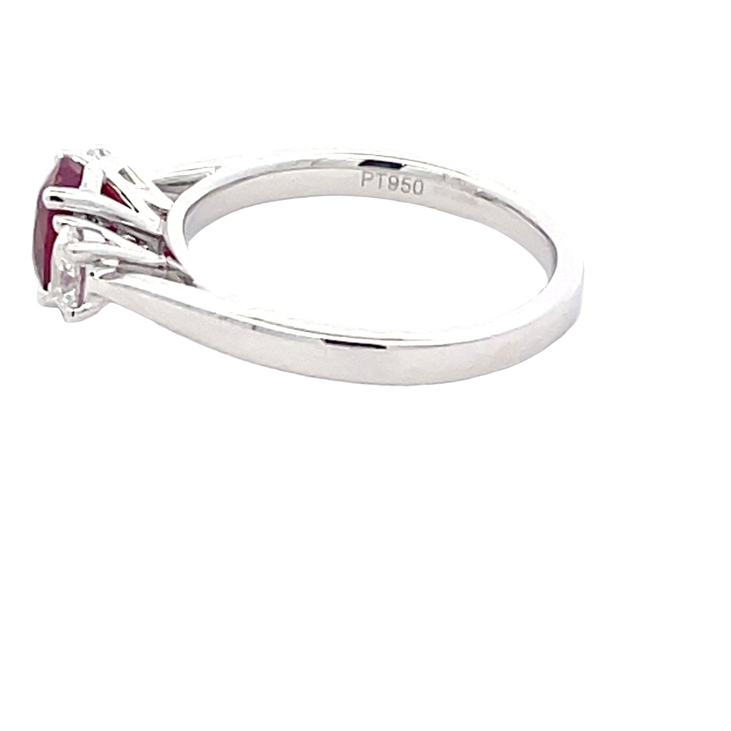 Oval Shaped ruby and round brilliant cut diamond 3 stone ring Gardiner Brothers