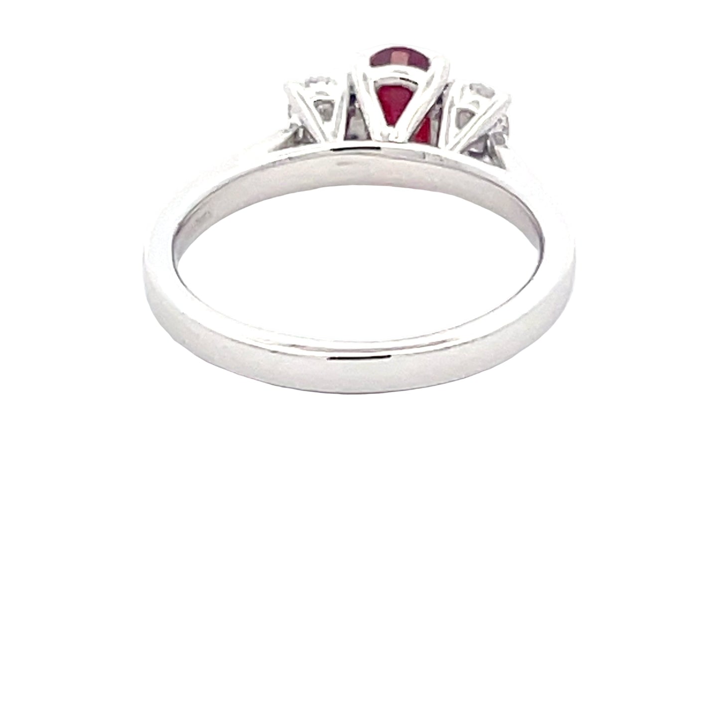 Oval Shaped ruby and round brilliant cut diamond 3 stone ring Gardiner Brothers