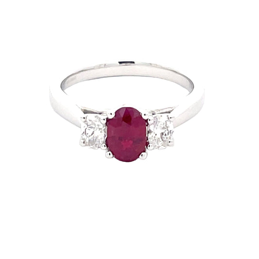 Oval Shaped ruby and round brilliant cut diamond 3 stone ring  Gardiner Brothers