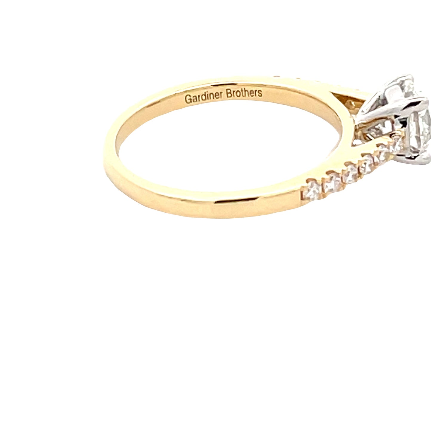 Yellow Gold Round Brilliant cut diamond solitaire with diamond set shoulders - 1.15cts Gardiner Brothers