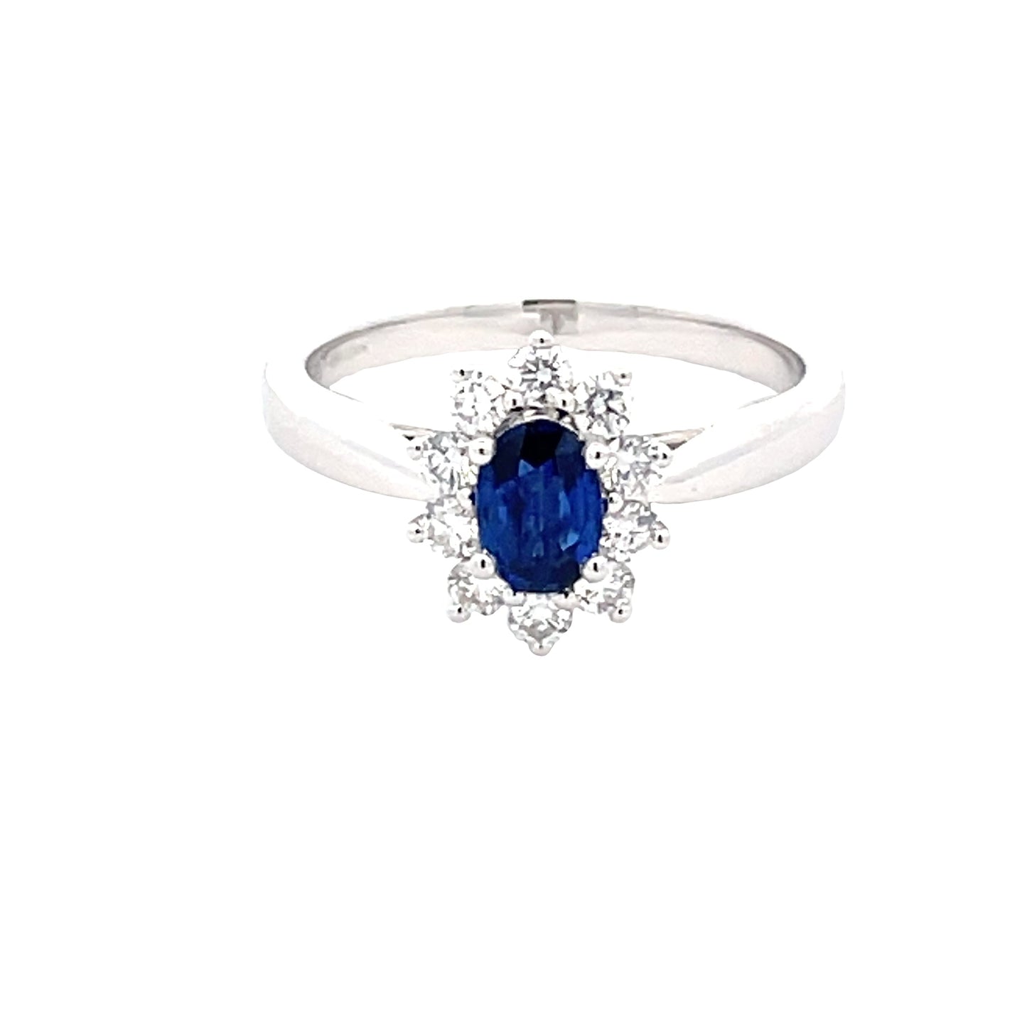 Oval Sapphire and round brilliant cut diamond cluster style ring Gardiner Brothers
