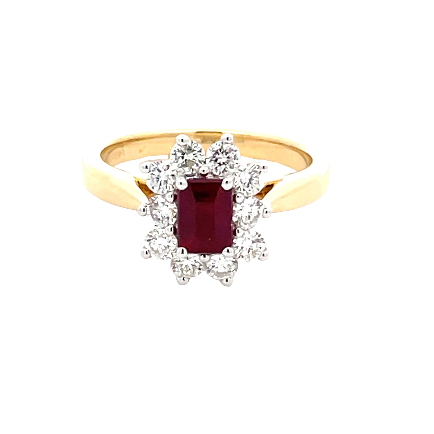 Octagonal Shaped Ruby and Round Brilliant Cut Diamond Cluster Ring gardiner-brothers
