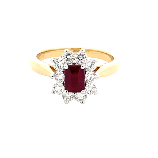 Octagonal Shaped Ruby and Round Brilliant Cut Diamond Cluster Ring  gardiner-brothers