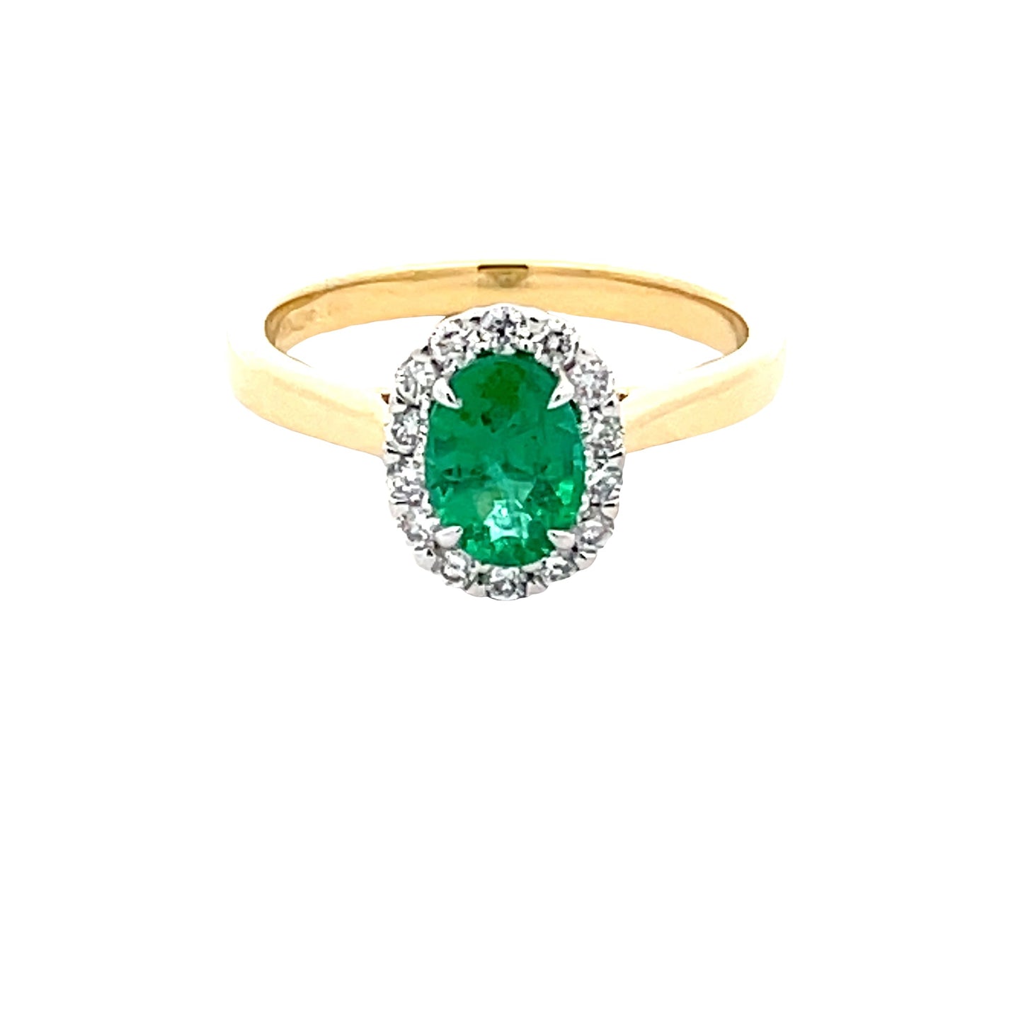 Oval Shaped Emerald and round brilliant cut diamond halo cluster ring Gardiner Brothers
