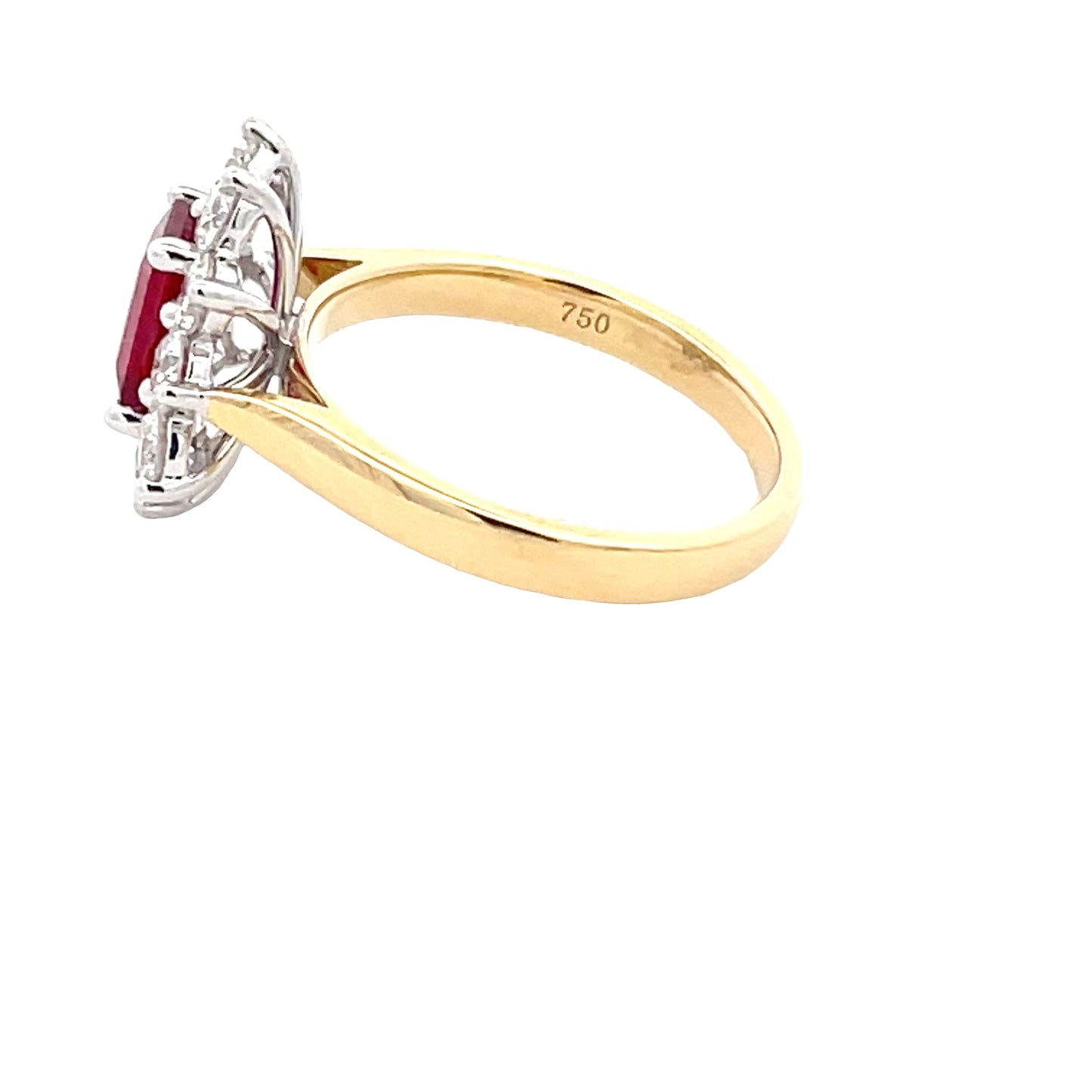 Octagonal shaped ruby and round brilliant cut diamond cluster style ring Gardiner Brothers