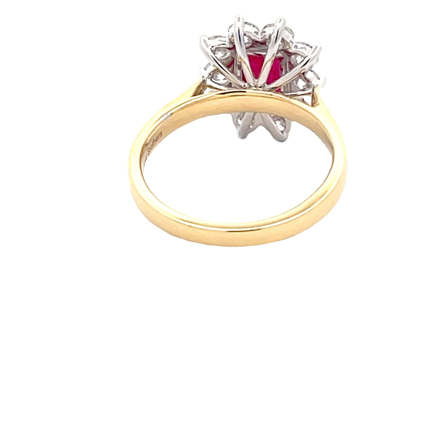Octagonal shaped ruby and round brilliant cut diamond cluster style ring Gardiner Brothers