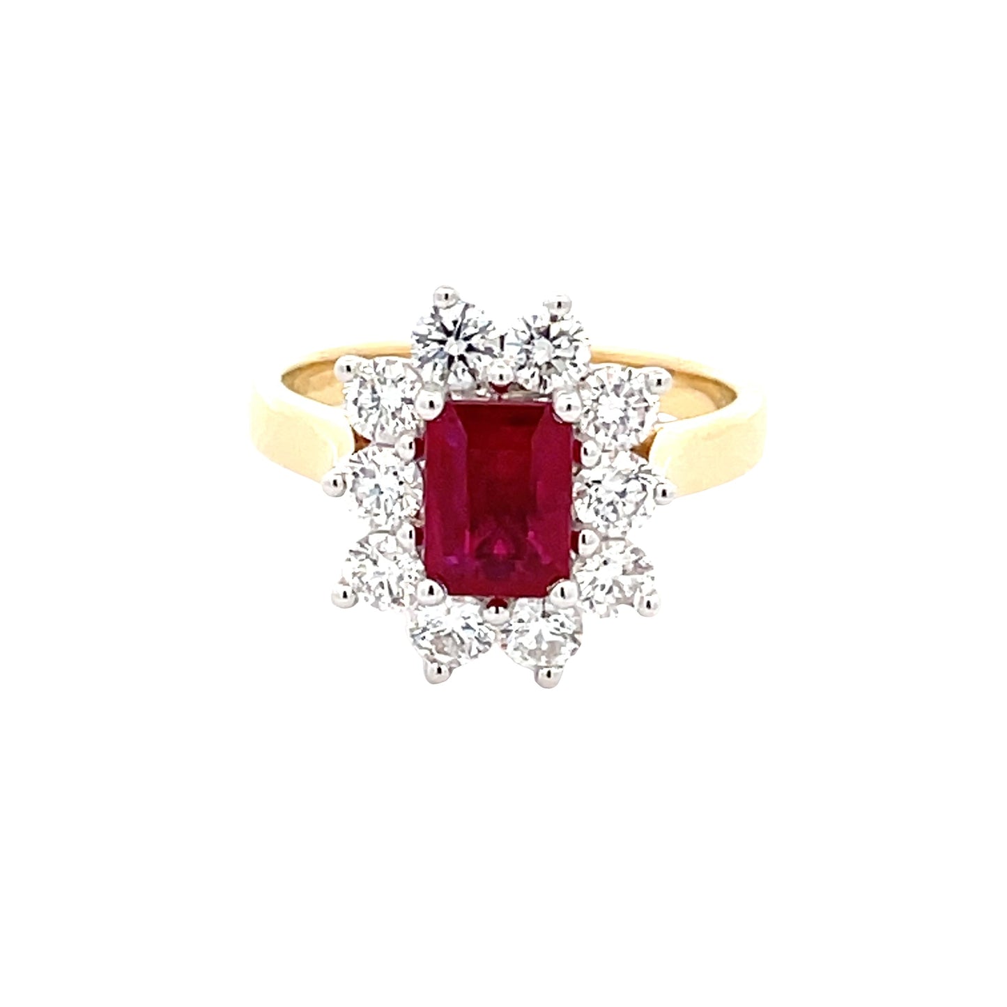 Octagonal shaped ruby and round brilliant cut diamond cluster style ring Gardiner Brothers