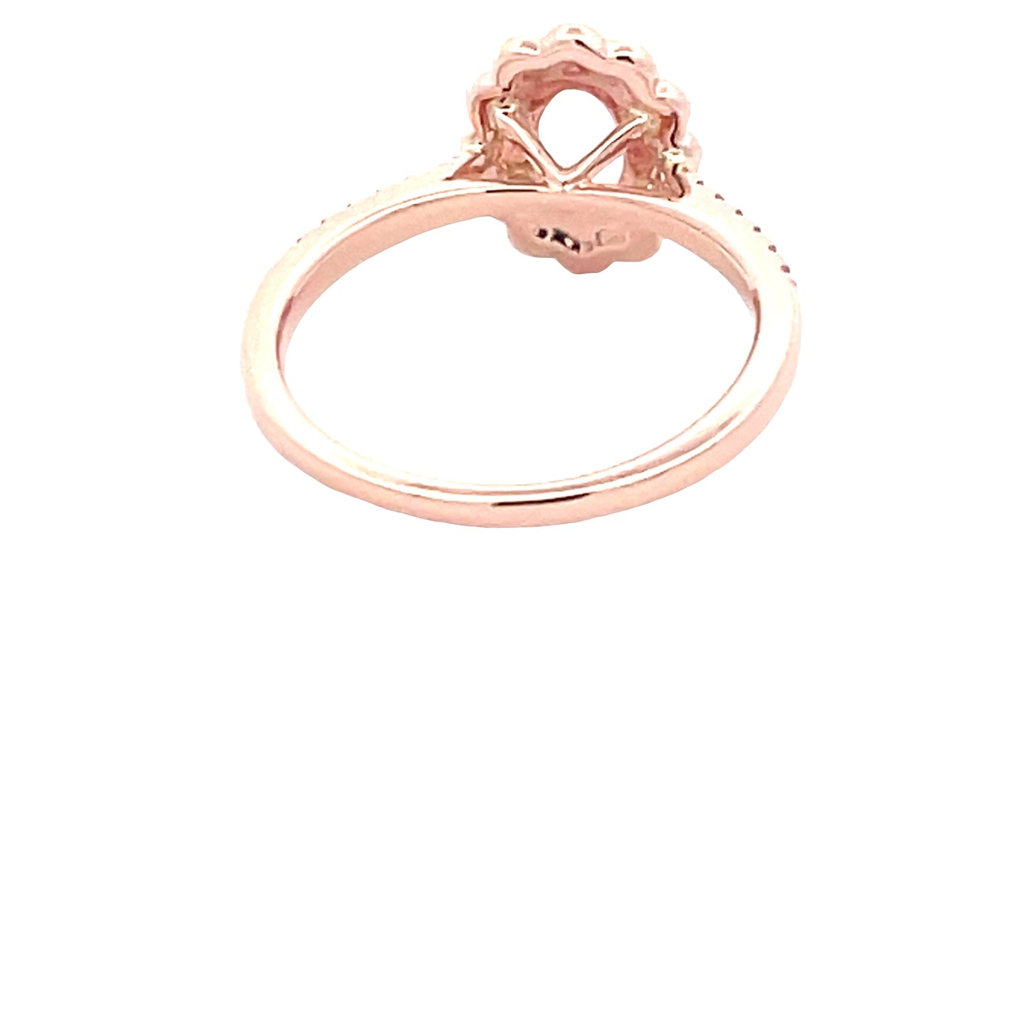 Oval Shaped Morganite and round brilliant cut diamond halo style ring Gardiner Brothers
