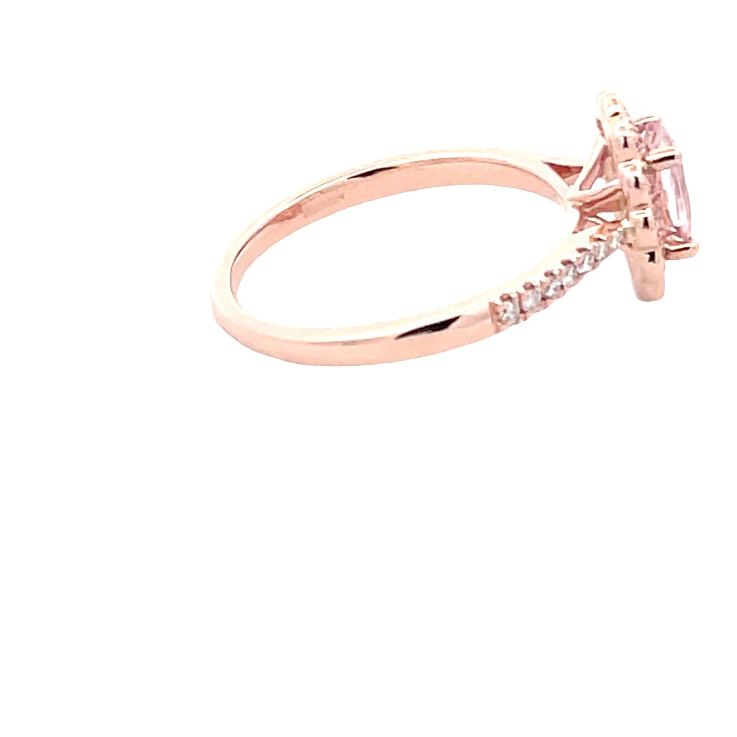 Oval Shaped Morganite and round brilliant cut diamond halo style ring Gardiner Brothers