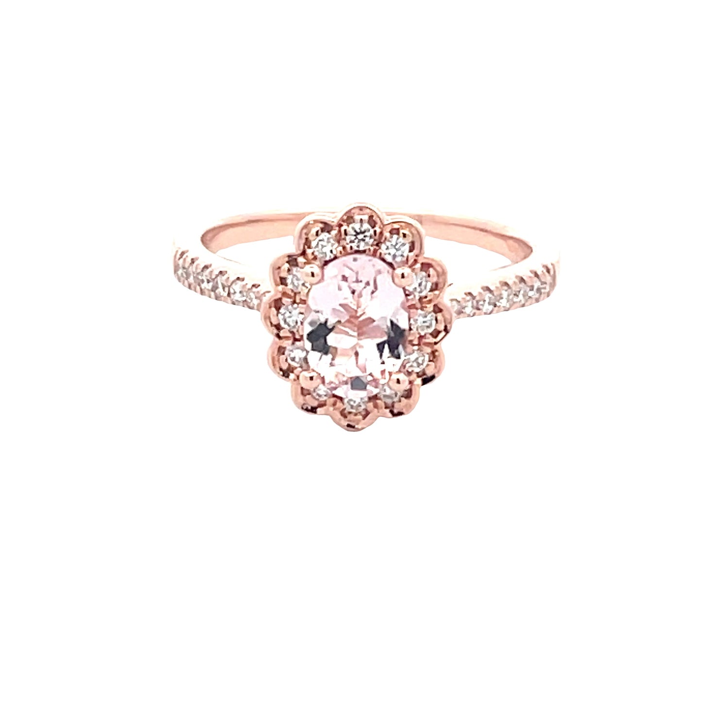 Oval Shaped Morganite and round brilliant cut diamond halo style ring Gardiner Brothers