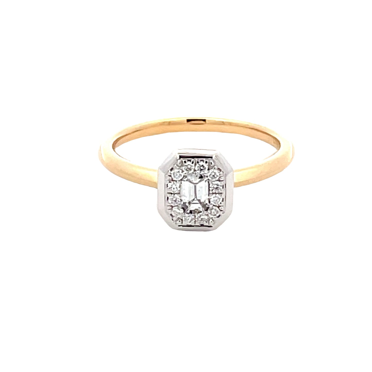 Emerald and round brilliant cut diamond halo style ring Gardiner Brothers