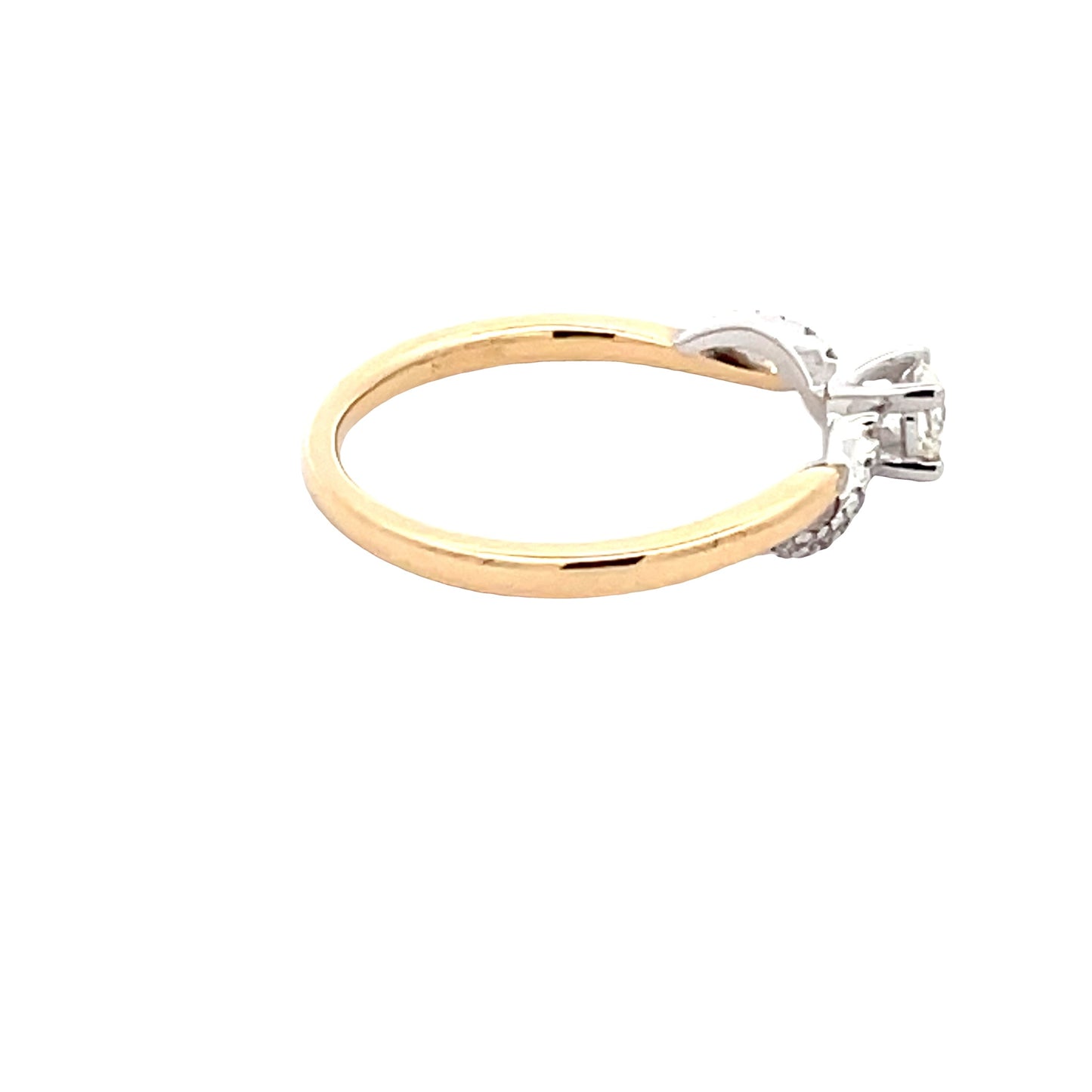 Yellow and White Gold Round Brilliant Cut Diamond Solitaire Ring with twist diamond set shoulders Gardiner Brothers