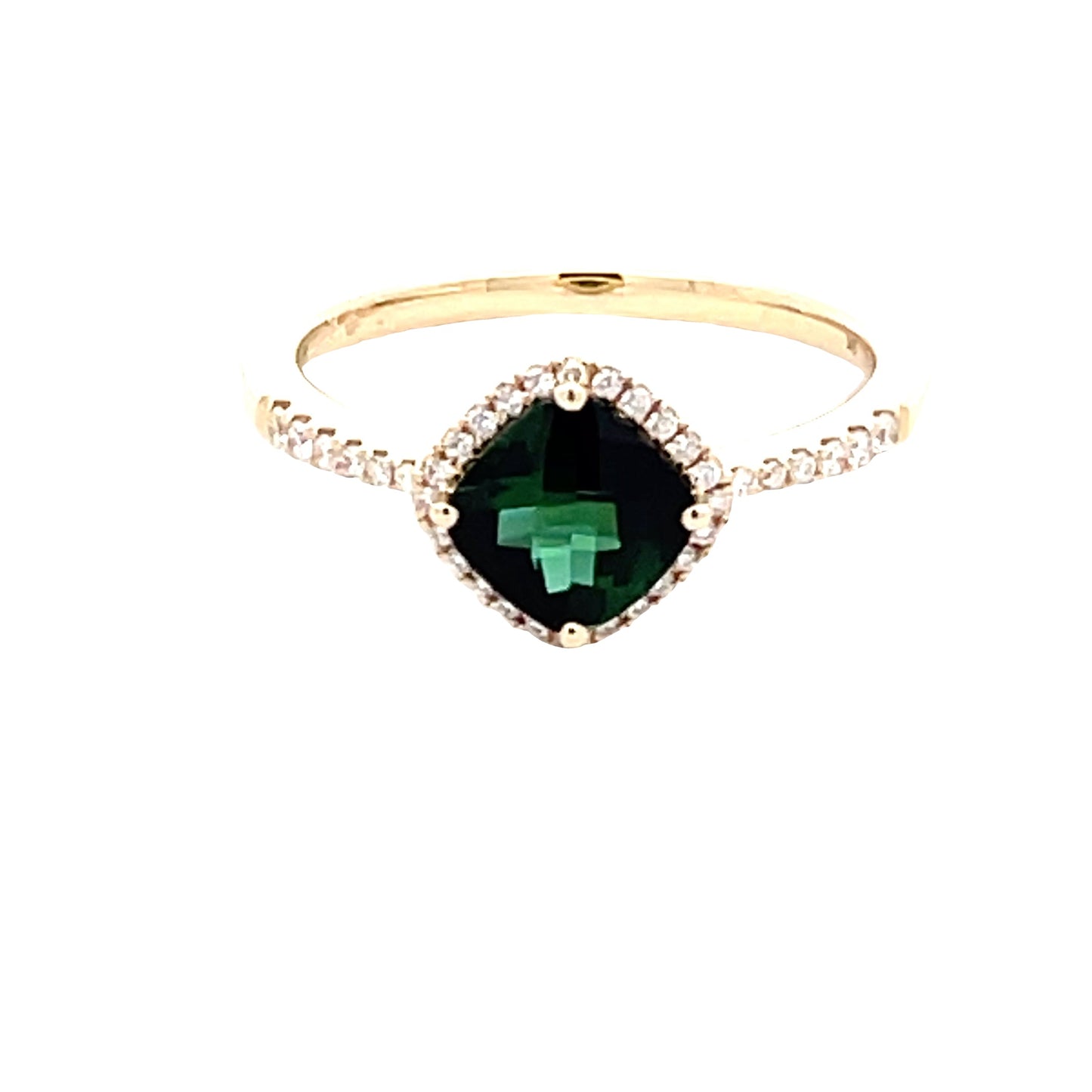 Green Tourmaline and round brilliant cut diamond halo cluster ring Gardiner Brothers