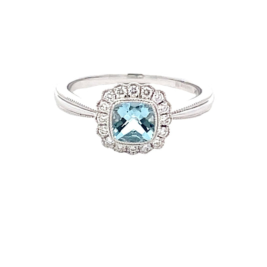 Aquamarine and round brilliant cut diamond vintage style dress ring  Gardiner Brothers