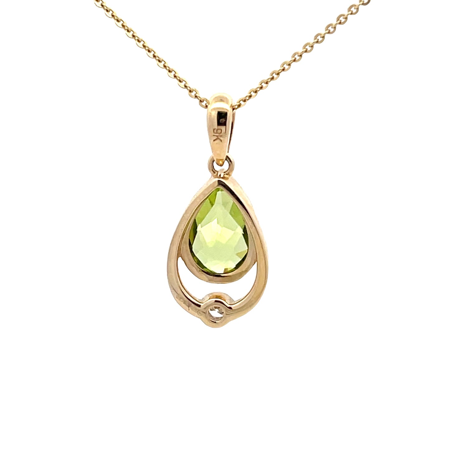 Pear Shaped Peridot and round brilliant cut diamond pendant Gardiner Brothers