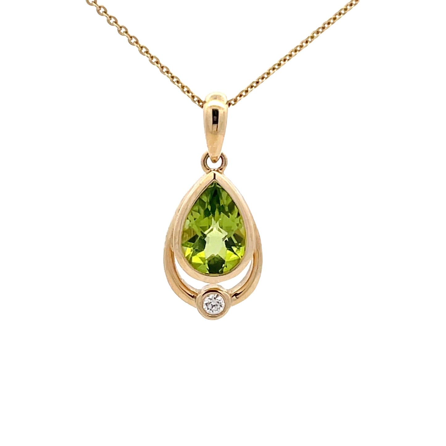 Pear Shaped Peridot and round brilliant cut diamond pendant Gardiner Brothers