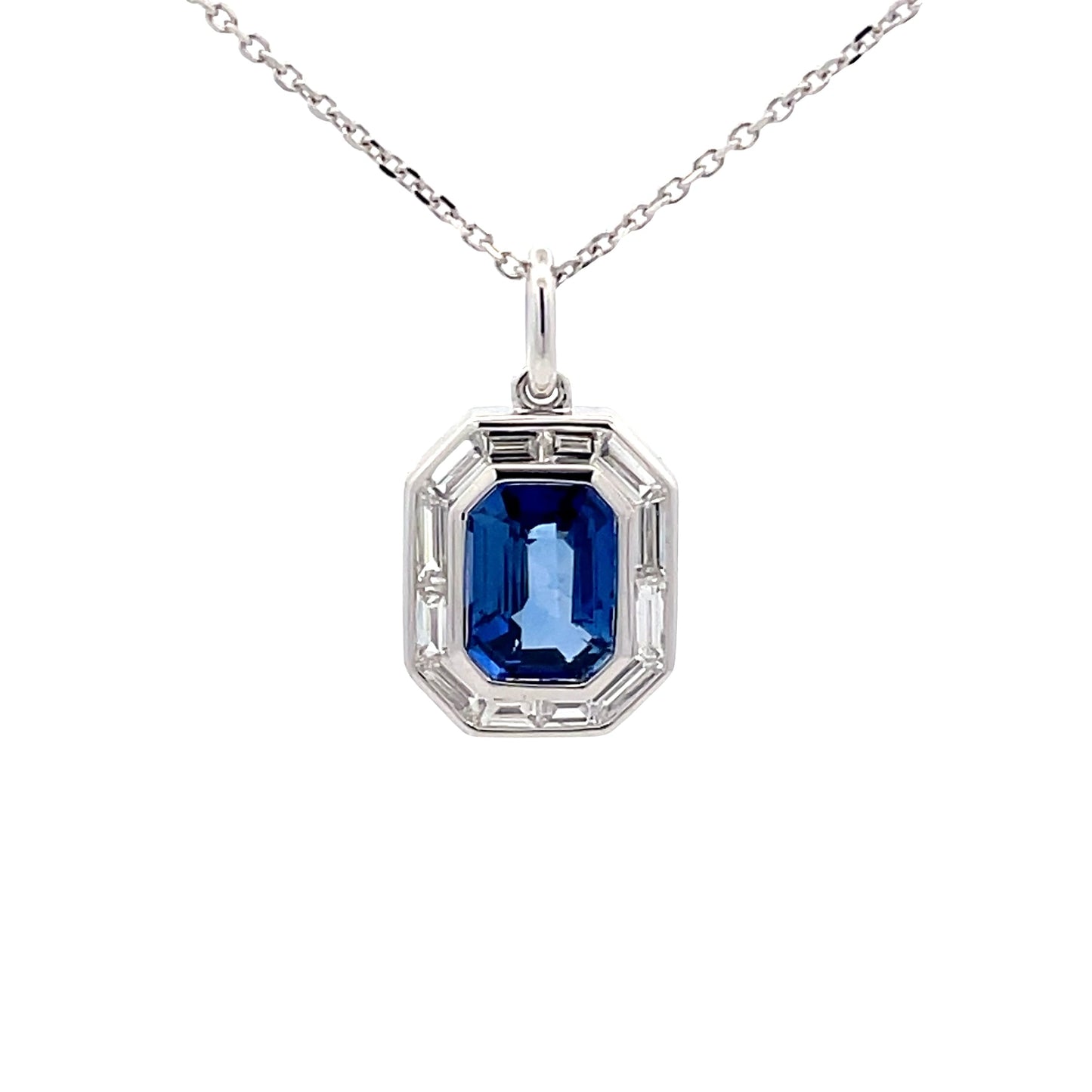 Octagonal Sapphire with Baguette Cut Diamonds Halo Pendant Gardiner Brothers