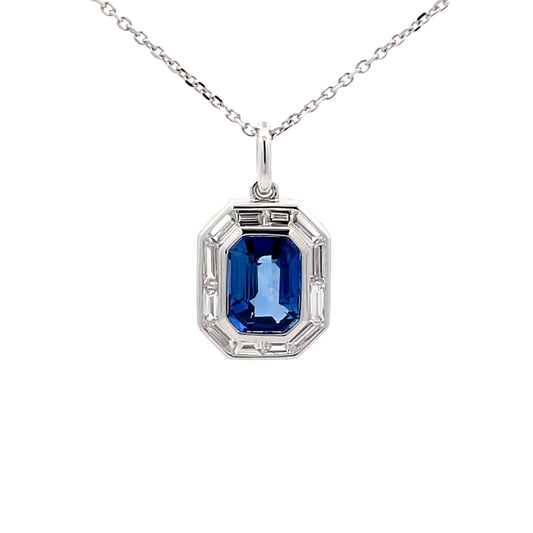 Octagonal Sapphire with Baguette Cut Diamonds Halo Pendant  Gardiner Brothers