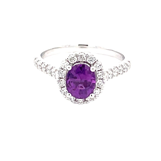 Purple Sapphire and round brilliant cut diamond halo cluster ring  Gardiner Brothers
