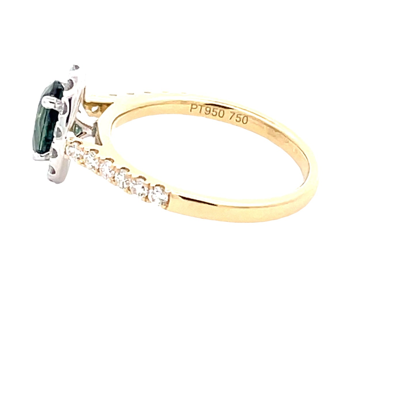 Oval Shaped Teal Sapphire and round brilliant cut diamond halo cluster style ring Gardiner Brothers