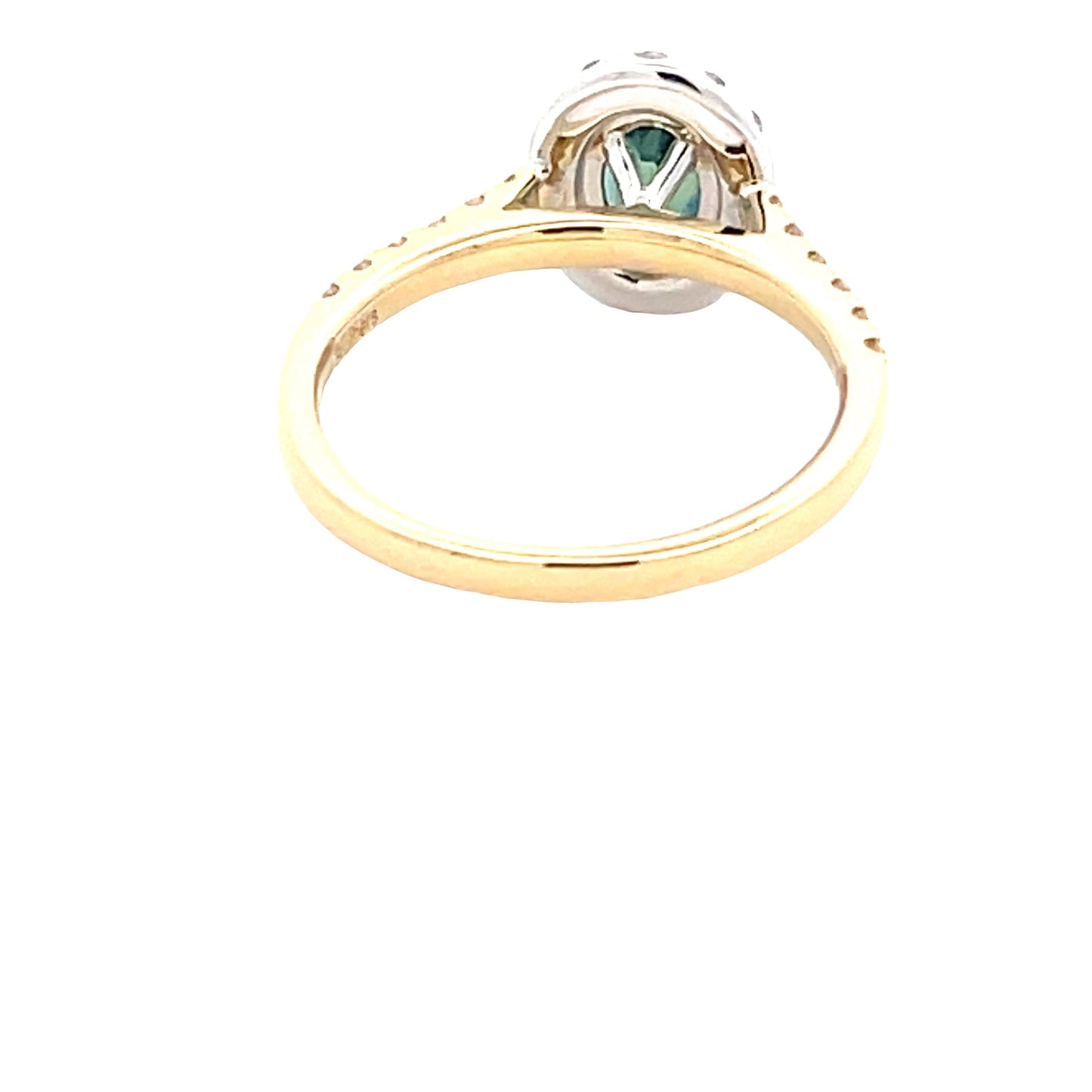 Oval Shaped Teal Sapphire and round brilliant cut diamond halo cluster style ring Gardiner Brothers
