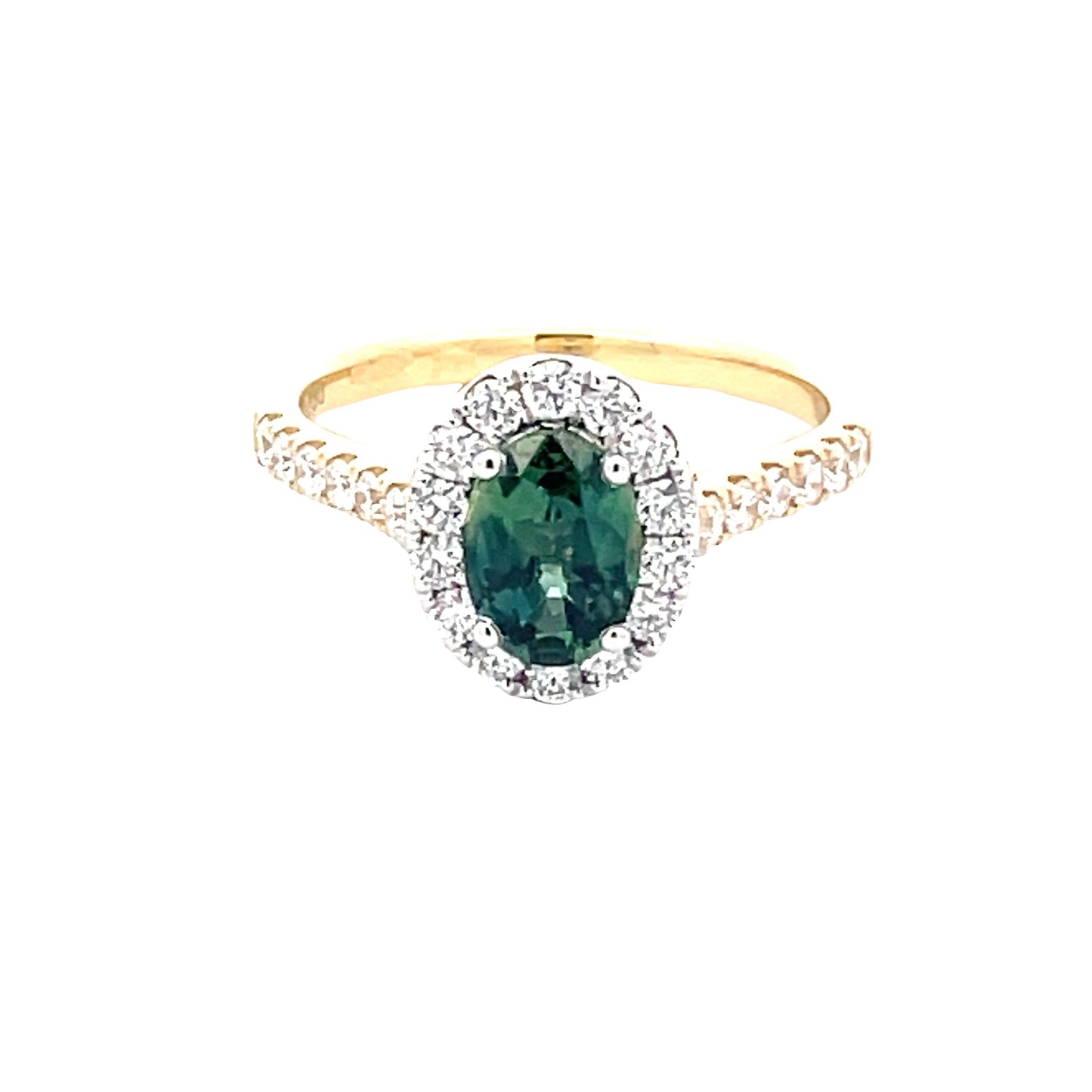Oval Shaped Teal Sapphire and round brilliant cut diamond halo cluster style ring Gardiner Brothers
