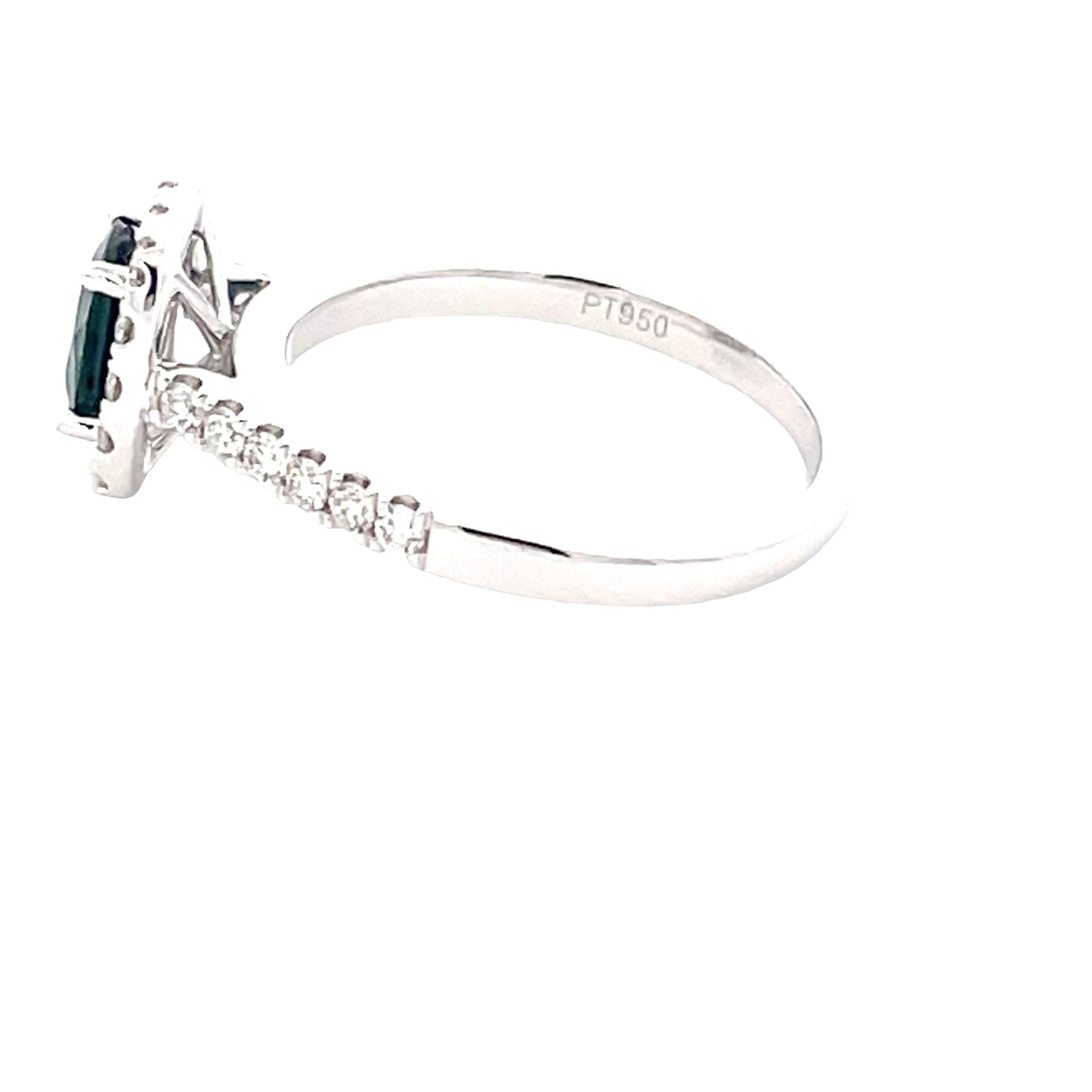 Cushion Shaped Teal Sapphire and round brilliant cut diamond halo cluster ring Gardiner Brothers