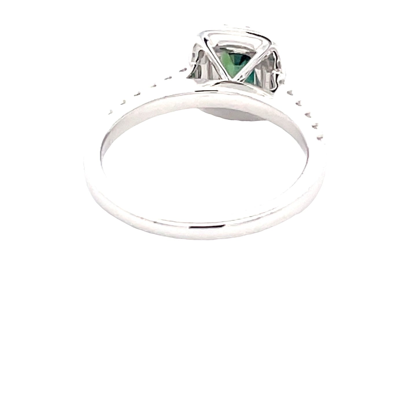 Cushion Shaped Teal Sapphire and round brilliant cut diamond halo cluster ring Gardiner Brothers