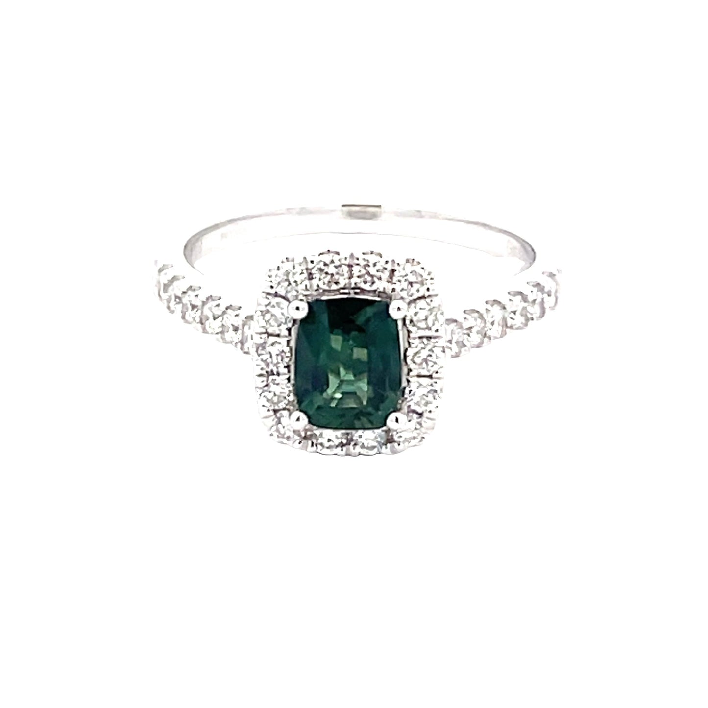 Cushion Shaped Teal Sapphire and round brilliant cut diamond halo cluster ring Gardiner Brothers