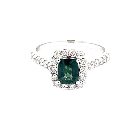 Cushion Shaped Teal Sapphire and round brilliant cut diamond halo cluster ring  Gardiner Brothers