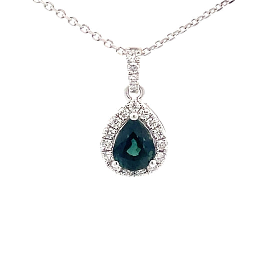 Pear Shaped Teal Sapphire Halo Style Pendant  Gardiner Brothers