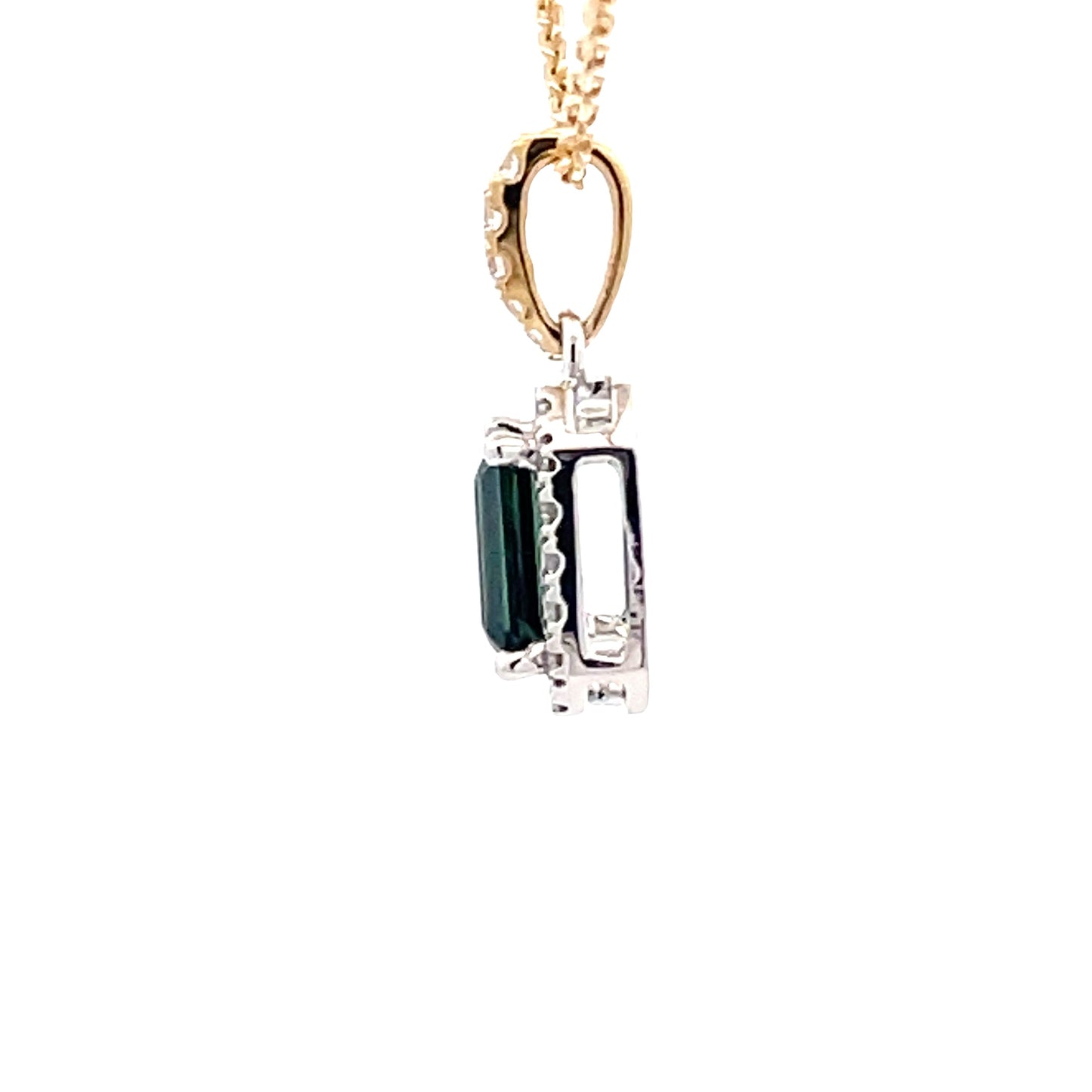 Octagonal Teal sapphire and round brilliant cut diamond halo style pendant Gardiner Brothers