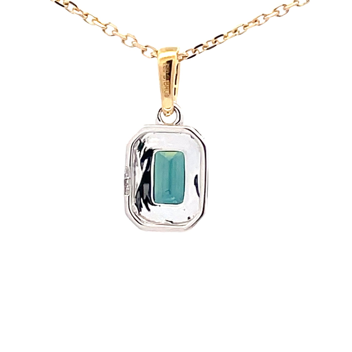 Octagonal Teal sapphire and round brilliant cut diamond halo style pendant Gardiner Brothers