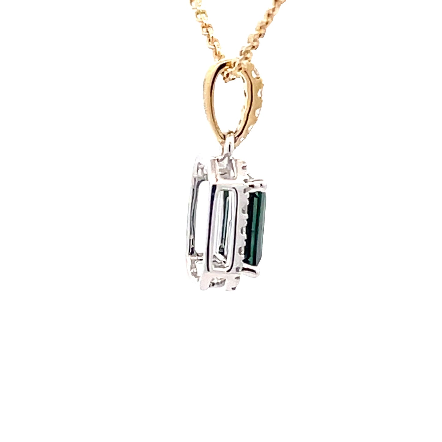 Octagonal Teal sapphire and round brilliant cut diamond halo style pendant Gardiner Brothers