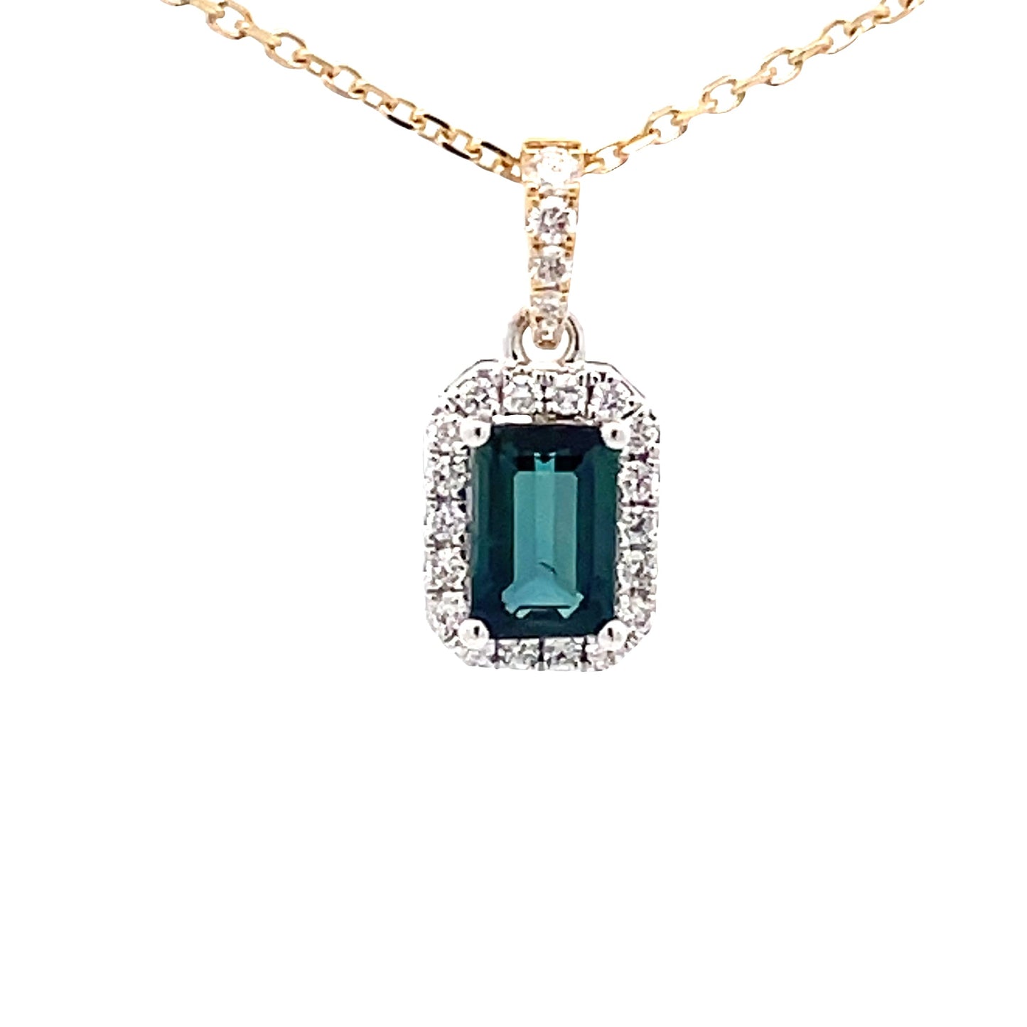 Octagonal Teal sapphire and round brilliant cut diamond halo style pendant Gardiner Brothers