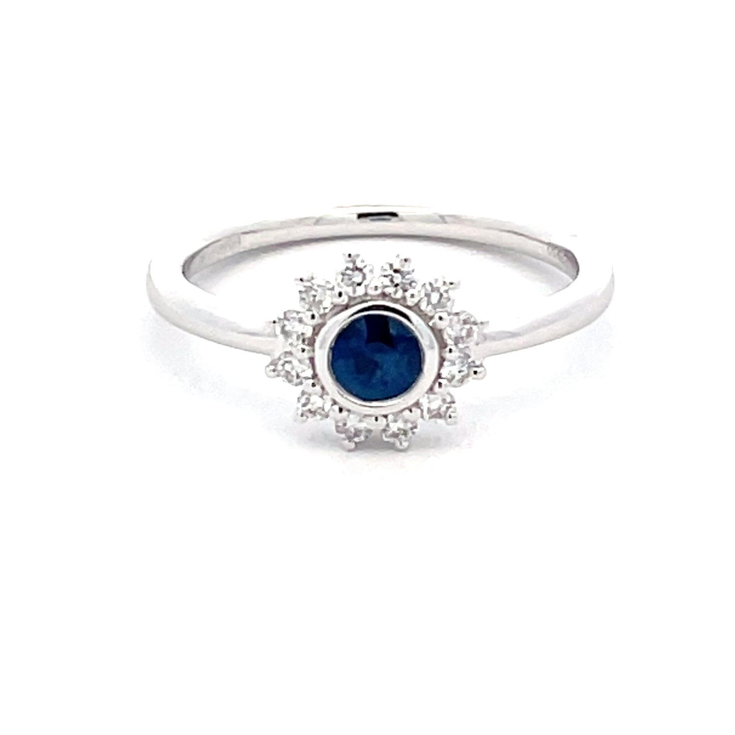 Round Sapphire and round brilliant cut diamond cluster style ring Gardiner Brothers
