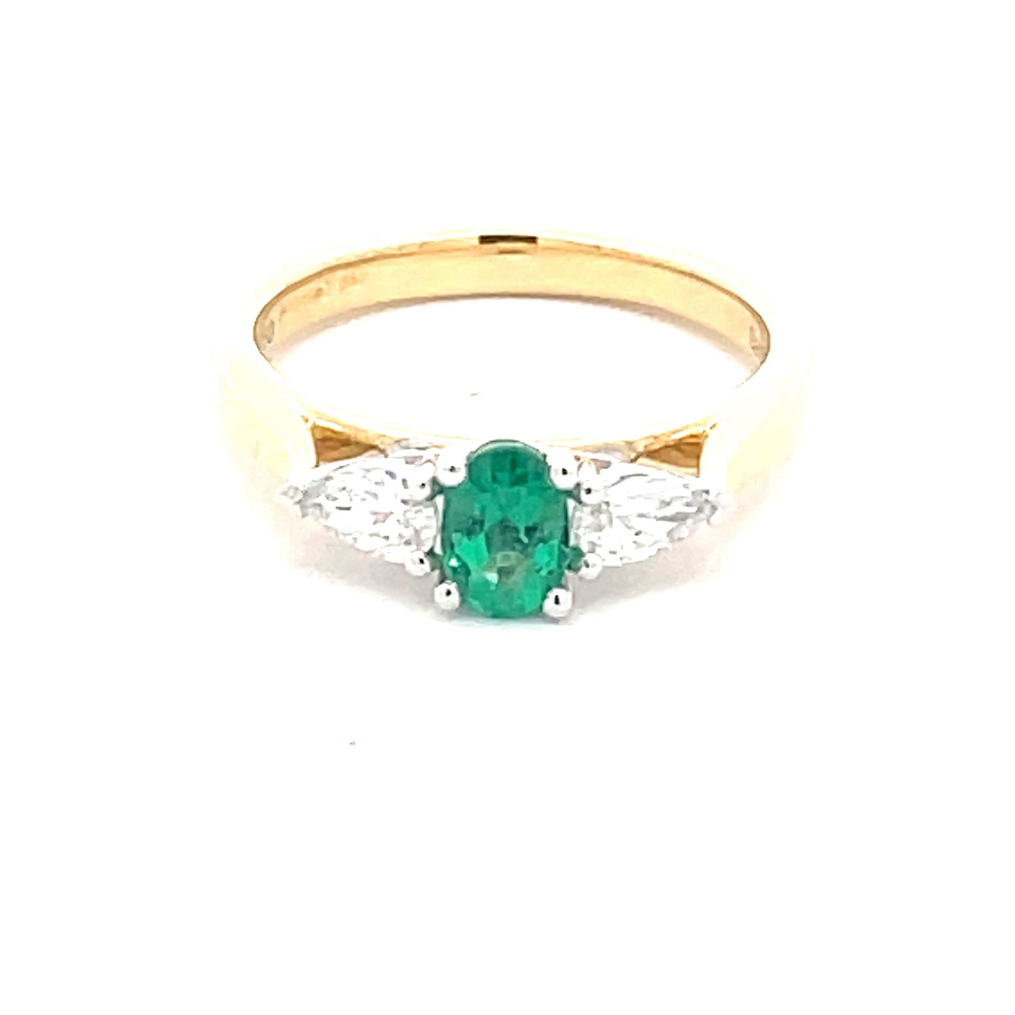Oval Shaped Emerald and pear shaped diamond 3 stone ring Gardiner Brothers
