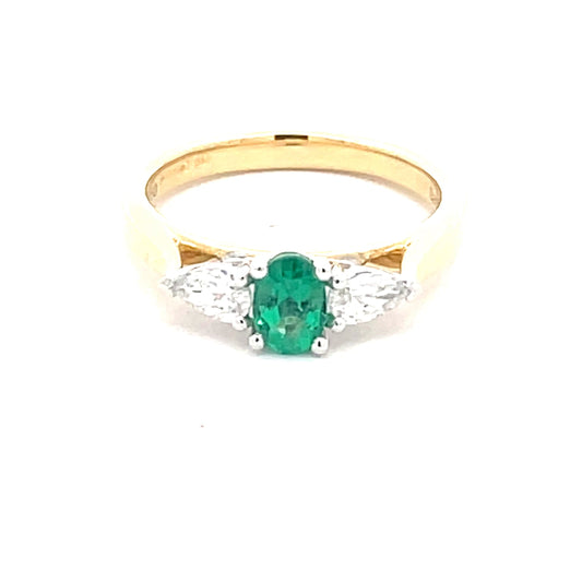 Oval Shaped Emerald and pear shaped diamond 3 stone ring  Gardiner Brothers