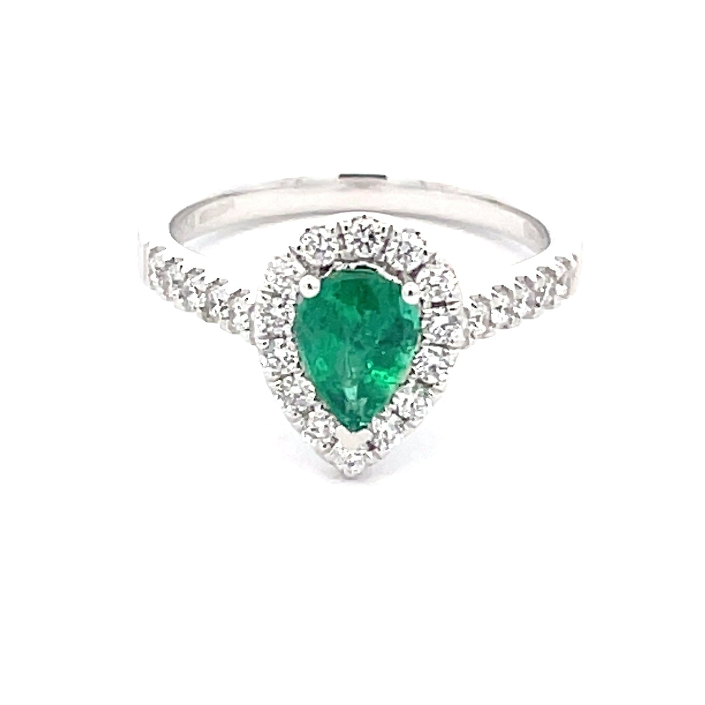 Pear Shaped emerald and round brilliant cut diamond halo cluster ring Gardiner Brothers