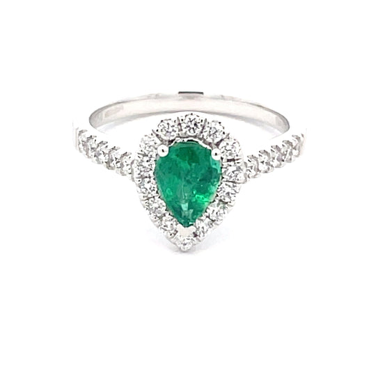 Pear Shaped emerald and round brilliant cut diamond halo cluster ring  Gardiner Brothers